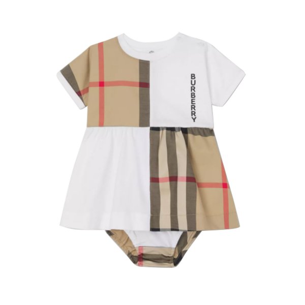 Burberry - WHITE DRESS WITH TARTAN PANELS FOR BABY GIRL