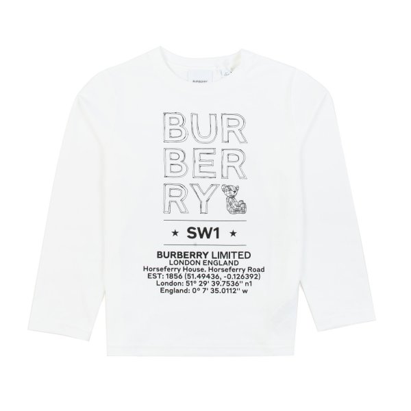 Burberry - WHITE LONG SLEEVE T-SHIRT WITH BLACK PRINTS