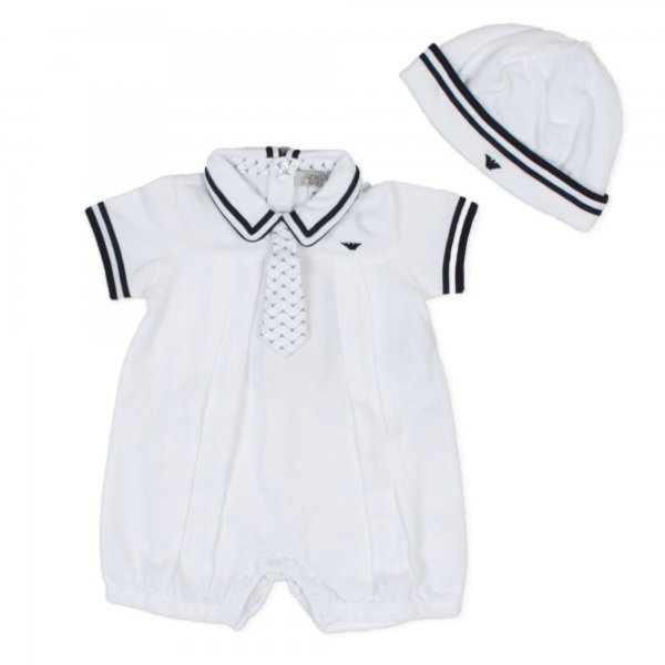 Armani Junior - Set bebè pagliaccetto e cappellino piquè bianco