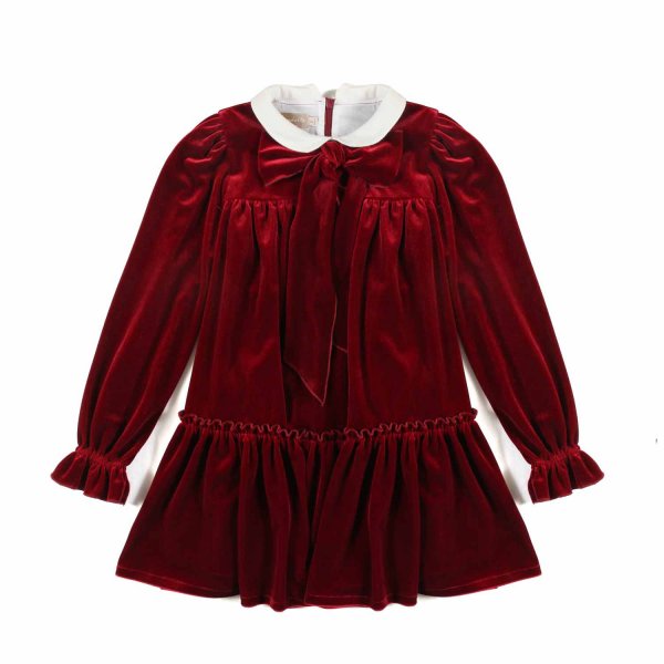 La Stupenderia - BURGUNDY RED VELVET GLORIA DRESS FOR LITTLE GIRLS