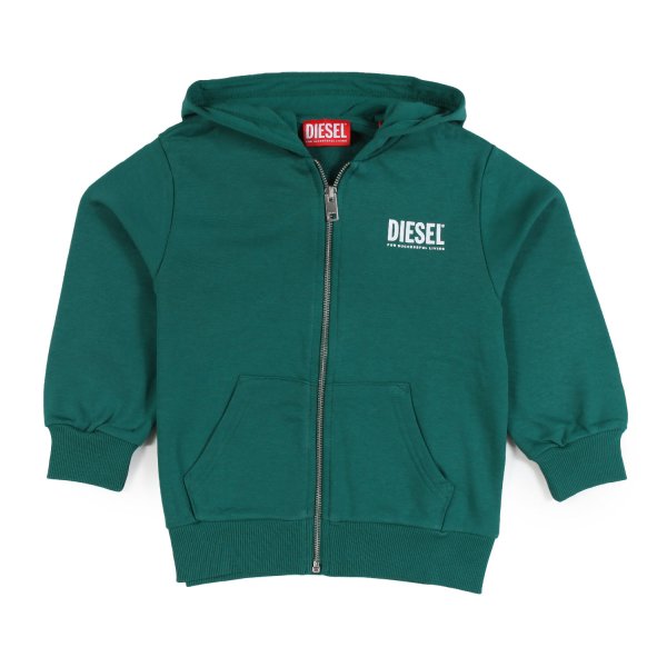 Diesel - Felpa hoodie verde con logo Diesel bianco e zip