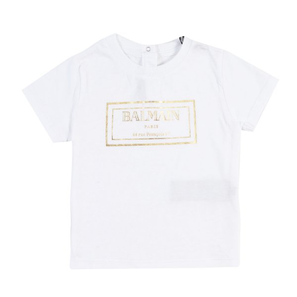 Balmain - T-Shirt Balmain Baby bianca con logo-cornice oro