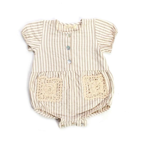 Olive - BABY GIRL WHITE AND BEIGE STRIPED ROMPER