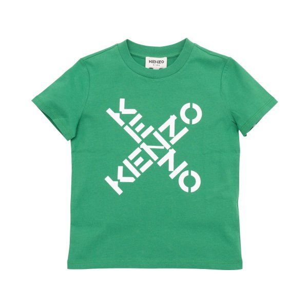 Kenzo - GREEN T-SHIRT WITH WHITE LOGOS FOR CHILDREN