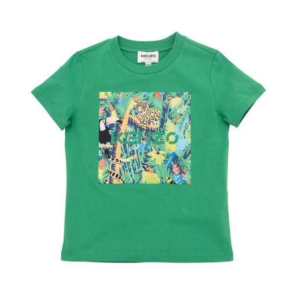 Kenzo - GREEN T-SHIRT WITH MULTICOLOR PRINT FOR CHILDREN AND TEEN