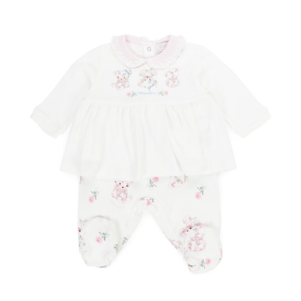 Monnalisa - TWO-PIECE WHITE AND PINK BABY JUMPSUIT
