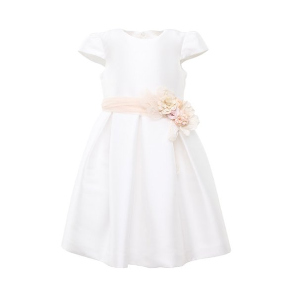 Mimilú - WHITE CEREMONY DRESS WITH PINK BELT AND FLOWERS