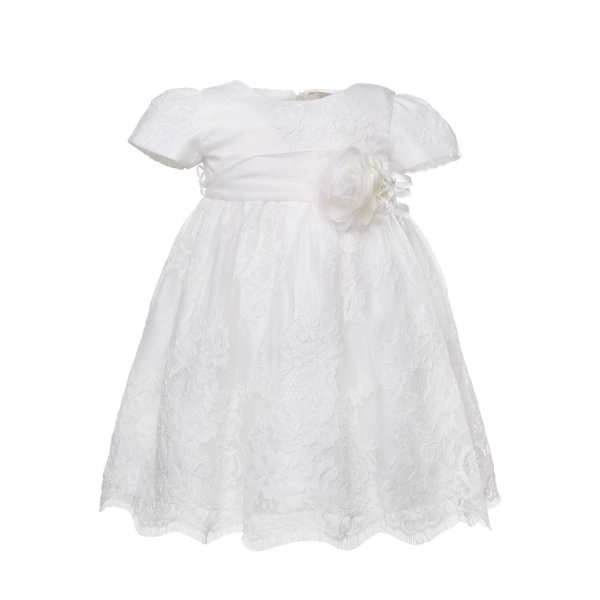Bella Brilly - WHITE BAPTISM DRESS WITH BELT AND FLOWER PIN