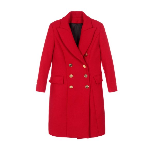 Balmain - RED DOUBLE-BREASTED COAT WITH GOLDEN BUTTONS