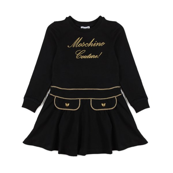Moschino - BLACK DRESS WITH GOLDEN YELLOW DETAILS FOR GIRLS