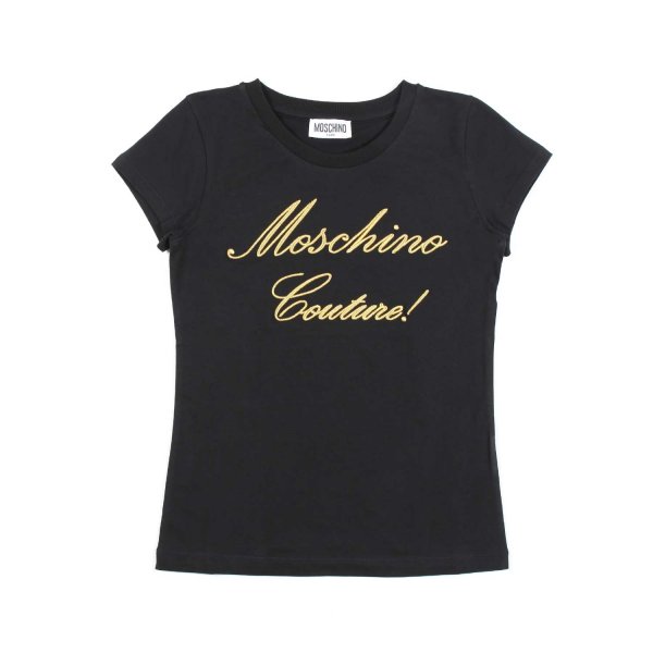 Moschino - BLACK T-SHIRT WITH GOLD EMBROIDERED LOGO