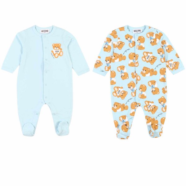 Moschino - SET OF TWO TEDDY BEAR LIGHT BLUE BABY ROMPERS