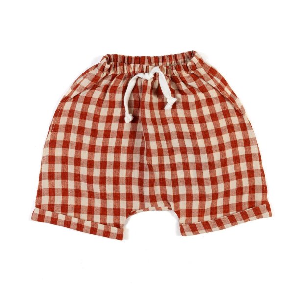 Aventiquattrore - UNISEX BRICK RED AND BEIGE VICHY LINEN SHORTS FOR BABIES