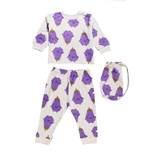 Aventiquattrore - Cream unisex pajamas with purple aubergines