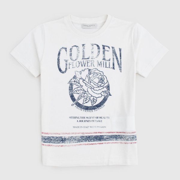 Golden Goose - t-shirt beige stampa effetto invecchiato bambino