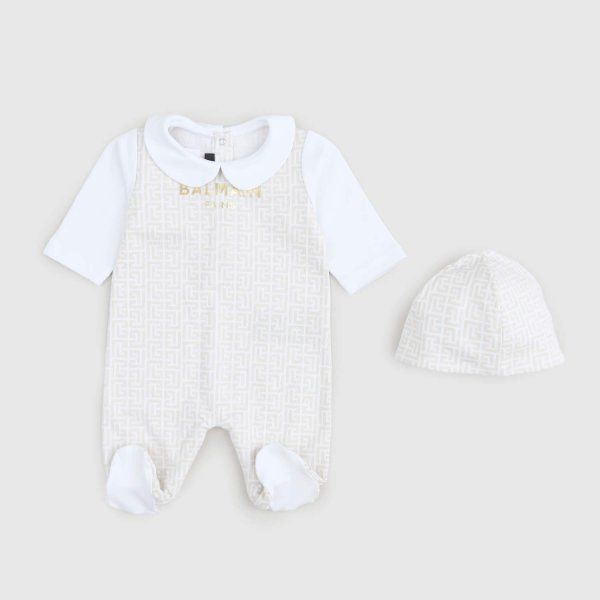 Balmain - set body cappellino beige bianco neonato