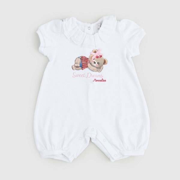 Monnalisa - White Short Teddy Bear Playsuit for Newborns